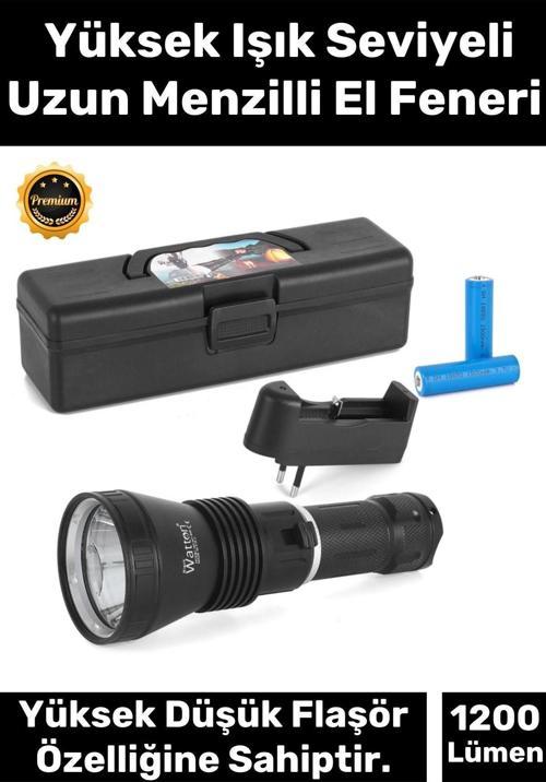 Premium 750m Mesafeli Beyaz Aydınlatma 1200 Lümen Profesyonel Şarjlı El Feneri