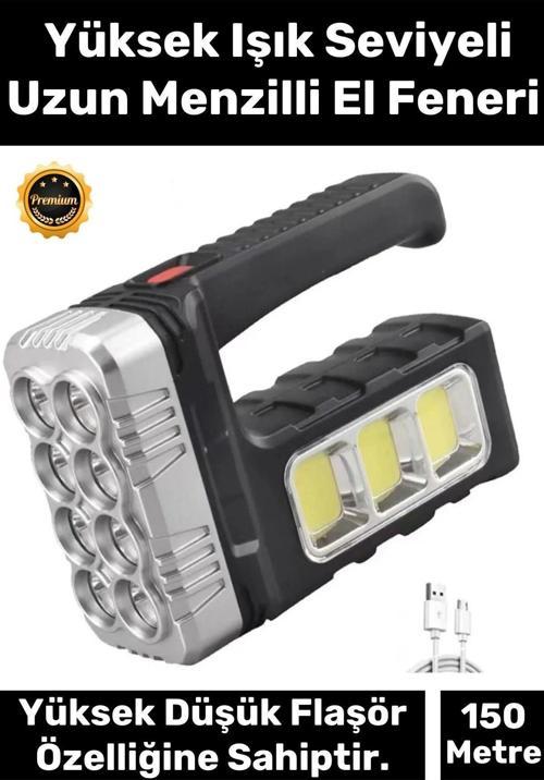 Premium 3 Modlu 150 Metre Mesafeli Işık Usb Şarjlı Solar Panelli Ledli El Fener Aydınlatma