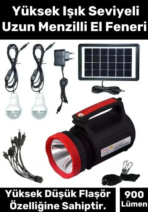 Premium Beyaz Aydınlatmalı Telefon Şarj Edilen Solar Güneş Enerji Fener Işıldak 2 Florasan Led Ampül