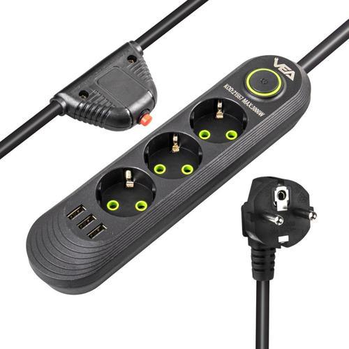 VA-21557 3'lü 3 USB'li 1.5 Metre Akım Korumalı Priz Siyah