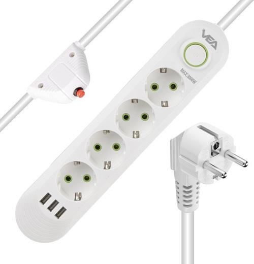 VA-21560 4'lü 3 USB'li 1.5 Metre Akım Korumalı Priz Beyaz