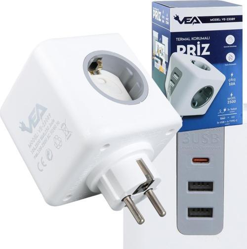 VE-23089 2x USB 1x Type-C 3'lü Çocuk Ve Termal Korumalı Grup Priz