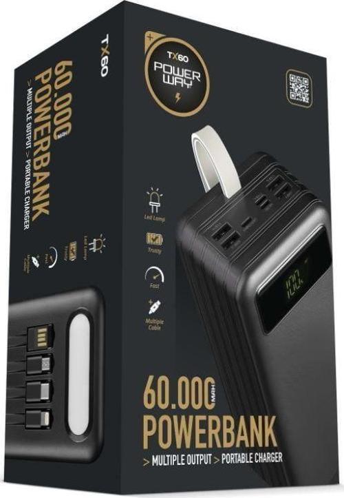 Tx60 Siyah 60000 Mah Çoklu Çıkış Dijital Göstergeli Ekstra Kablolu Powerbank