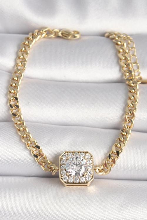 Pirinç Gold Renk Zincir Kare Zirkon Taş Model Xuping VIP Seri Kadın Bileklik