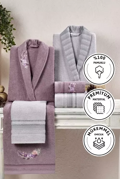 Soft Cotton Nakışlı 6 Parça Aile Bornoz Takımı - Gri - Leylak