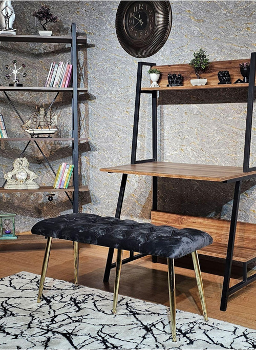 Gold Metal Siyah Oturaklı Sivriltme Ayaklı Babyface Puf & Bench & Oturak
