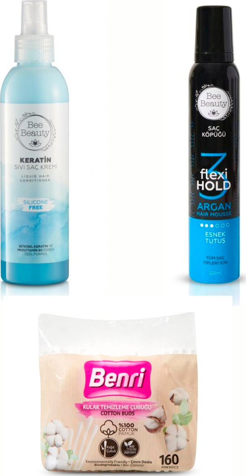 Keratin Sıvı Saç Kremi 200 ml Argan Yağlı Esnek Tutuş Saç Köpüğü 225 ml Poşetli Kulak Çubuğu 160'lı