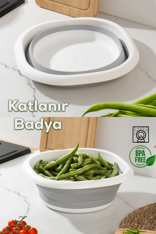 Çok Amaçlı Katlanır Badya Akordiyon Leğen 5 Litre Beyaz Gri