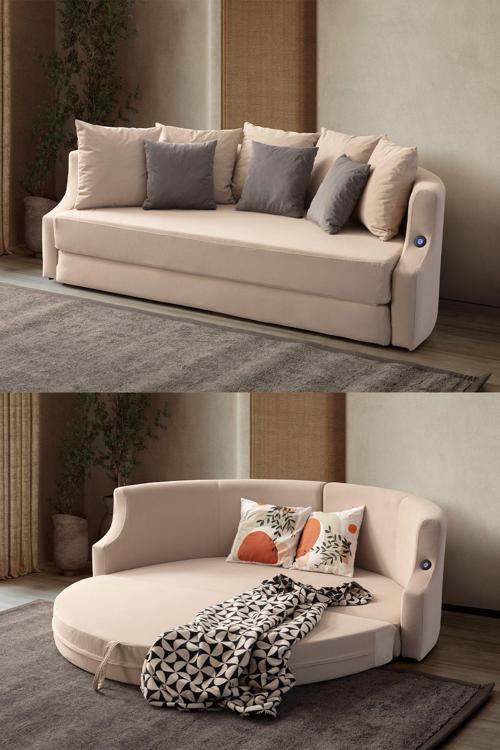 Letto Vip Akıllı Yuvarlak Yataklı Kadife Karyola Kanepe