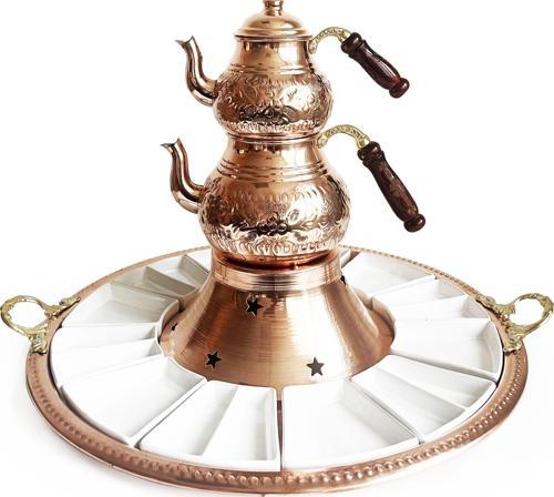 Tepsili Kahvaltı Çay Sunum Seti, El İşleme Klasik Bakır Çaydanlık, 12 Parça Porselen Tabak