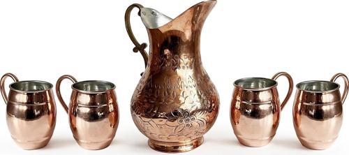 El İşi Kabartma Bakır Sürahi ve 4'lü Bardak Seti