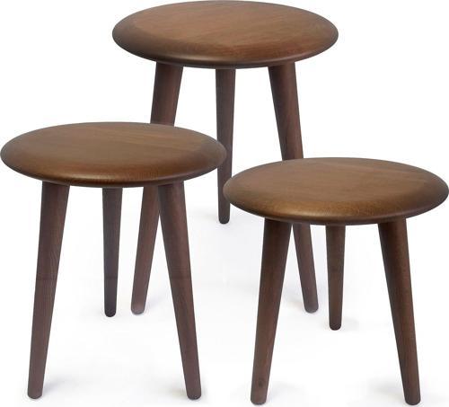 Masif Kayın Tabure Sehpa 3'lü Set Saksılık Üç Ayaklı Yuvarlak Ceviz