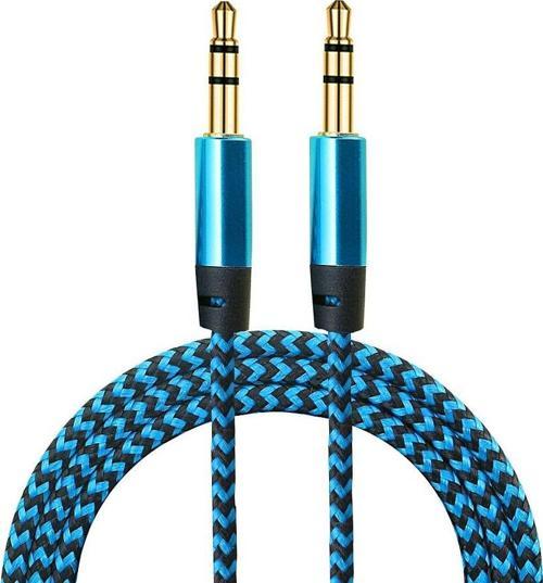 AUX Stereo 3.5mm Data Ses Örgü Kablo Mavi