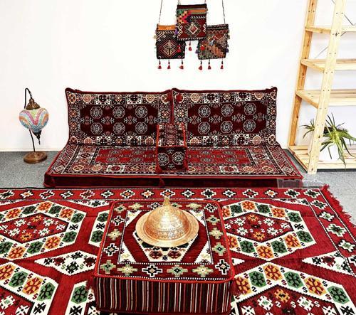 Afgan Desenli Şark Köşesi İkili Sedir Takımı Bordo