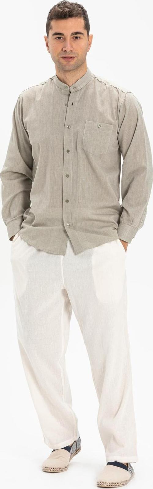 Büyük Beden Uzun Kol Şile Bezi Hakim Yaka Tek Cepli Erkek Yazlık Gömlek Taş 3031