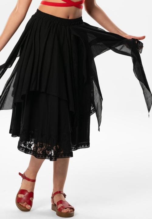 Salkım Vual Dantelli Saçaklı Uzun Yazlık Otantik Etek Siyah Syh