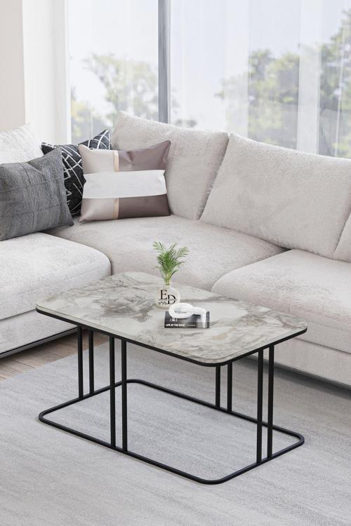 Lyon Orta Sehpa Siyah Metal - Beyaz Mermer Tabla