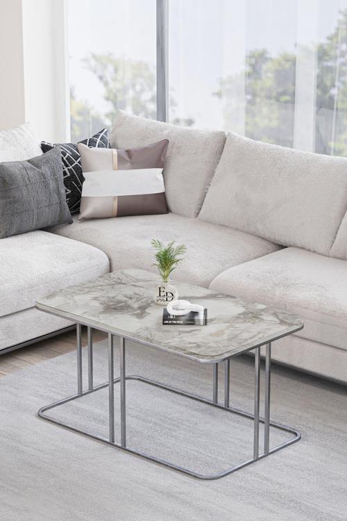 Lyon Orta Sehpa Gümüş Metal - Beyaz Mermer Tabla