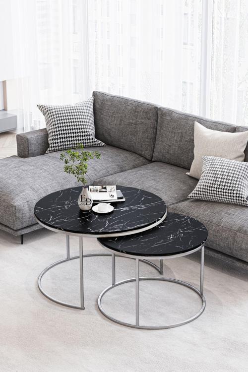 Paris Orta Sehpa 2'li Gümüş Metal - Siyah Mermer Tabla