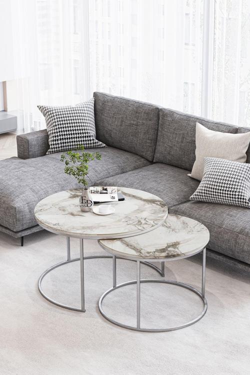 Paris Orta Sehpa 2'li Gümüş Metal - Beyaz Mermer Tabla