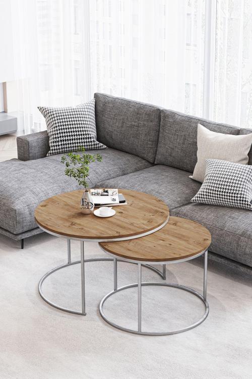 Paris Orta Sehpa 2'li Gümüş Metal - Atlantik Çam Tabla