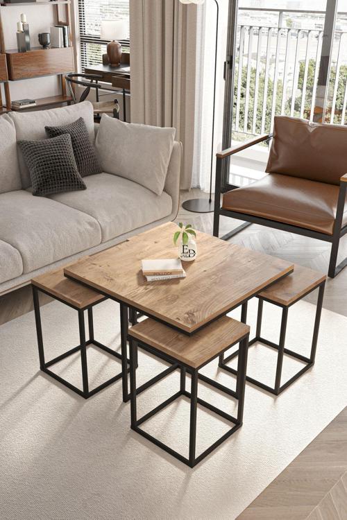 Lizbon 4+1 Kare Sehpa Takımı Siyah Metal - Atlantik Çam Tabla