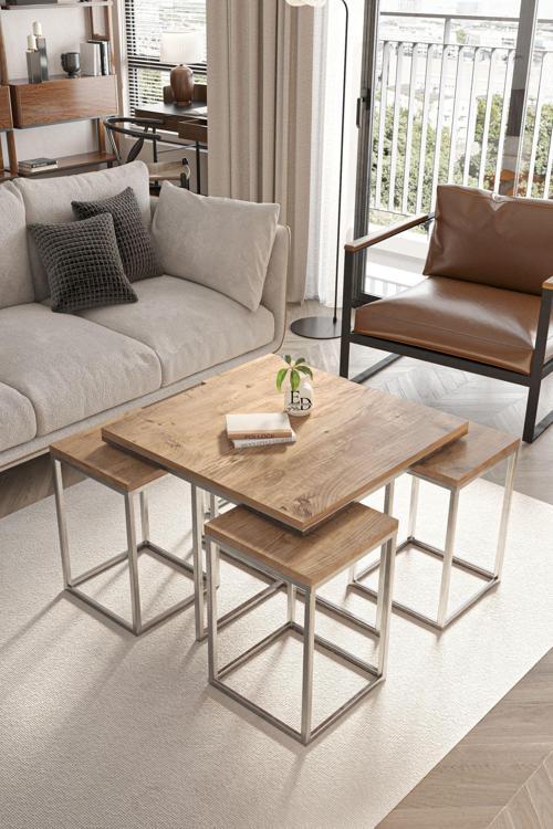 Lizbon 4+1 Kare Sehpa Takımı Gümüş Metal - Atlantik Çam Tabla