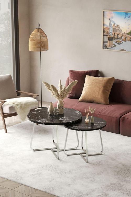 Üsküp Orta Sehpa Takımı Gümüş Metal - Siyah Mermer Tabla