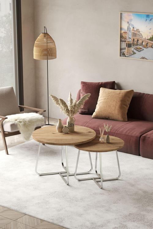 Üsküp Orta Sehpa Takımı Gümüş Metal - Atlantik Çam Tabla