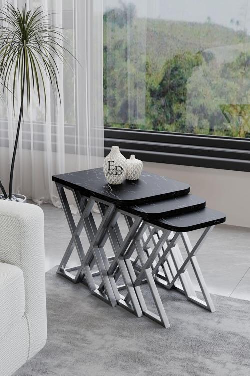 Milano 3'lü Zigon Sehpa Takımı Gümüş Metal - Siyah Mermer Tabla