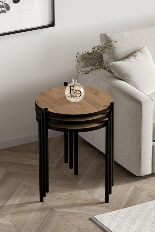 Nice 3'lü Zigon Sehpa Takımı Siyah Metal - Atlantik Çam Tabla