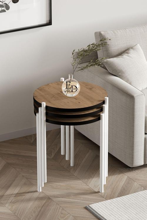 Nice 3'lü Zigon Sehpa Takımı Beyaz Metal - Atlantik Çam Tabla