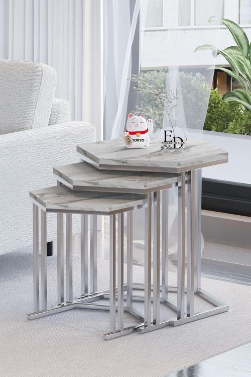 Tokyo 3'lü Zigon Sehpa Takımı Gümüş Metal - Beyaz Mermer Tabla