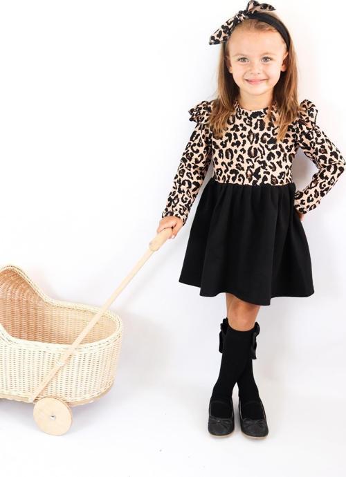 Kız Çocuk  Leopar Desenli Uzun Kollu Fırfırlı Elbise Bandana Takım ELB-0059