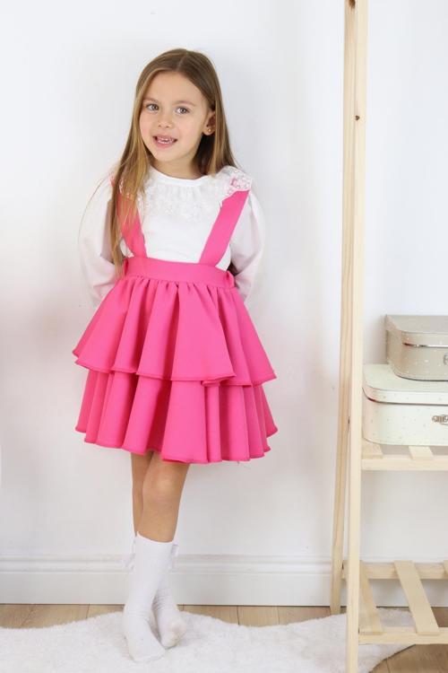 Kız Çocuk Helen Pembe Askılı Katlı Bağlama Jile Elbise Dantel Detay Ekru Uzun Kollu Bluz Takım