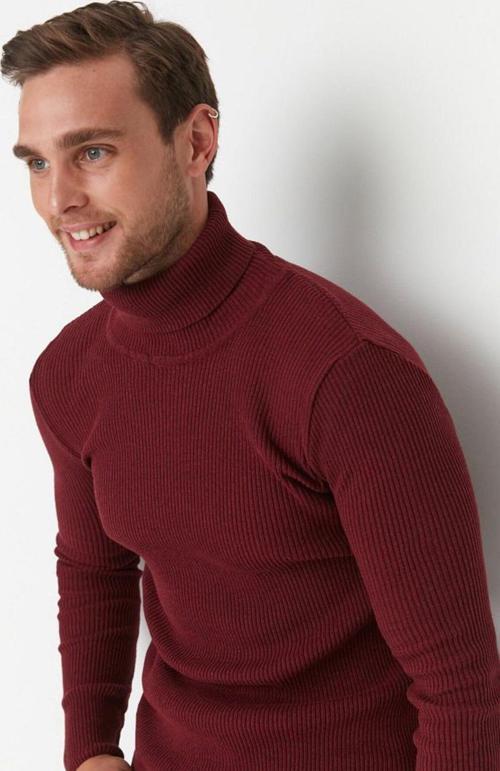 Erkek Slim Fit Dar Kesim Yumuşak Dokulu Tüylenmeyen Bordo Tam Balıkçı Yaka Triko Kazak