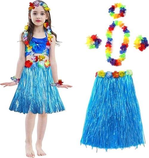 Yetişkin Ve Çocuk Uyumlu Hawaii Luau Aloha Mavi Püsküllü Etek Kolye Taç Ve 2 Adet Bilek