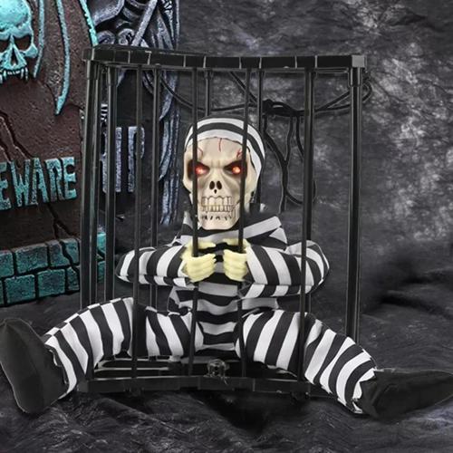 Hareketli Sesli Sensörlü Mahkum Görünümlü Kuru Kafa İSkelet Dekorasyon 22X27 Cm