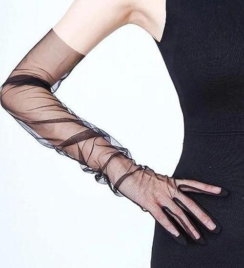 Uzun Boy Likralı Siyah Renk Yetişkin Mega Tül Eldiven 53 Cm