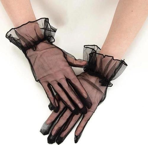 Kısa Boy Likralı Güpürlü Yetişkin Tül Eldiven Siyah Renk