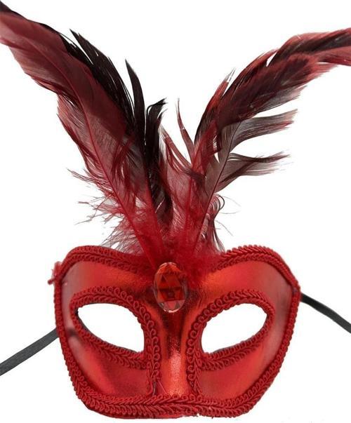 Kırmızı Renk Rugan Kaplama Kırmızı Tüylü Parti Maskesi 18X20 Cm