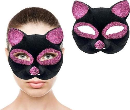 Siyah Renk Pembe Simli Süet Kedi Maskesi 18X14 Cm