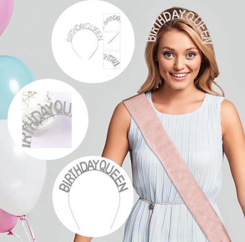 Gümüş Renk Kristal Taşlı Parlak Birthday Queen Yazılı Kraliçe Taç 16X17 Cm