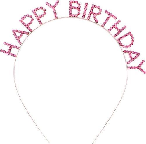 Pembe Renk Kristal Taşlı Gold Renk Kaplama Happy Birthday Taç 16X17 Cm
