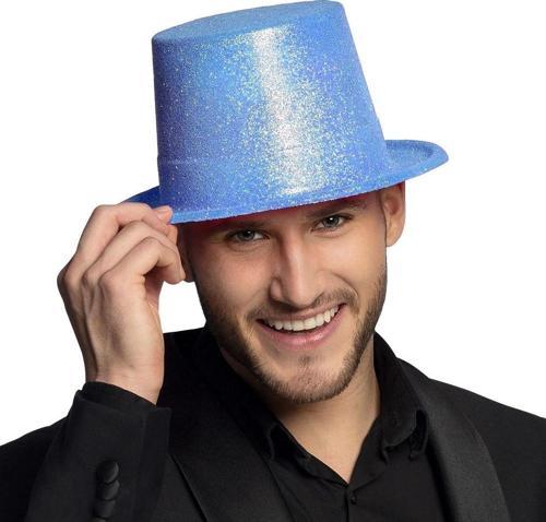 Floresan Mavi Renk Simli Uzun Fötr Melon Şapka 12 Cm