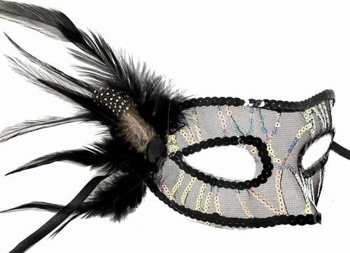 Siyah Renk Yandan Tüylü Pul Payet İŞlemeli Parti Maskesi 23X12 Cm