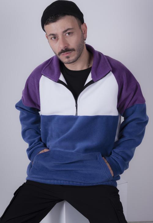 Kadın Erkek Yarım Fermuarlı Lacivert Mor Beyaz Polar Sweatshirt M Beden