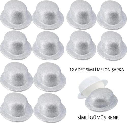 Gümüş Renk Simli Melon Yuvarlak Parti Şapkası 12 Adet