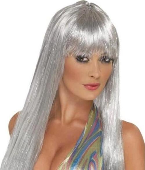 Platin Gri Gümüş Renk Uzun Parti Peruğu Uzun Takma Peruk