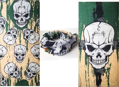 Haki Yeşil Renk Üzeri Likralı Kuru Kafa Kafatası Baskılı Baf Buff Bandana 25X48 Cm